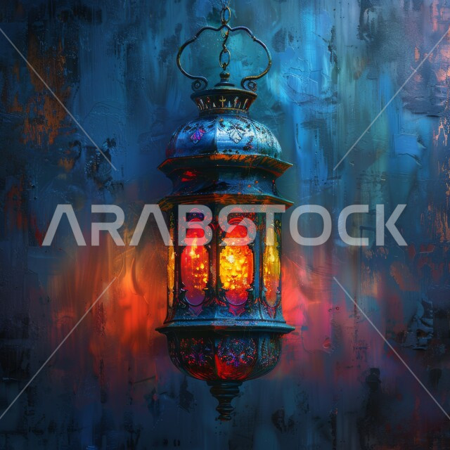 فانوس تقليدي مزخرف معلق على الحائط، المصابيح المعدنية المضيئة، ديكورات وزينة رمضان المبارك، استقبال الشهر الفضيل، خلفيات دينية اسلامية