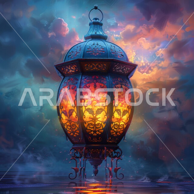 فانوس معدني تقليدي مضيء، زينة واكسسوارات وأضواء رمضان المبارك، الأجواء الرمضانية الروحانية في شهر الخير والبركة، خلفيات دينية إٍسلامية
