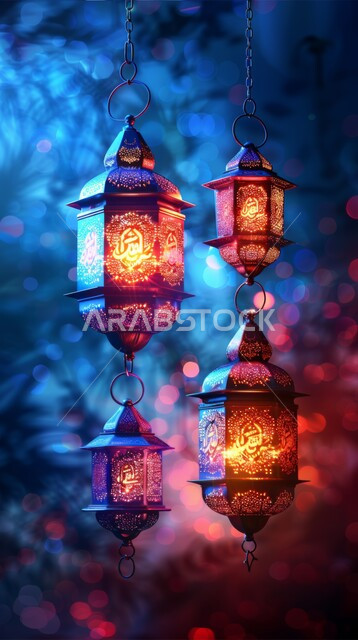 Luminous hanging decorative lanterns, traditional Islamic antiques and accessories to celebrate the coming of the month of goodness, holiday greeting cards, decorations for religious occasions, Islamic Ramadan designs and backgrounds.