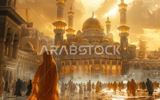 الفن الهندسي المعماري لبناء المساجد في المملكة العربية السعودية، صورة من الخلف لمجموعة من المسلمين المتوجهين إلى المسجد، أماكن ومعالم دينية مقدسة، مفهوم العبادة والتقرب إلى الله، الرسومات والتصاميم الهندسية