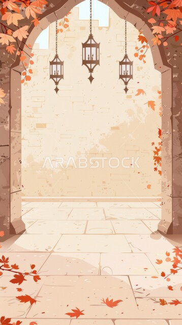 A spiritual Ramadan atmosphere, illustrations of traditional Arabic metal lanterns hanging at the entrance of a mosque, a greeting card and congratulations to celebrate the advent of the holy month of Ramadan, Islamic religious backgrounds