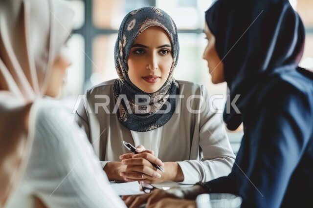 تعابير وايماءات الاندماج والتركيز، بيئة العمل المريحة في الشركات السعودية، مهن ووظائف نسائية، المشاركة والتعاون في إنجاز الأعمال، مجموعة من الموظفات العرب الخليجيات السعوديات في اجتماع داخل مقر الشركة