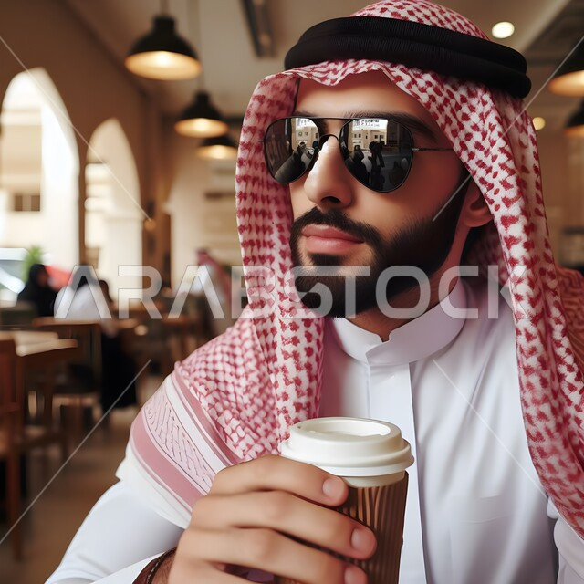 قضاء وقت ممتع في الخارج، الاستمتاع بشرب المشروبات الساخنة في احدى الكافيهات، صورة مقربة لرجل عربي خليجي سعودي يرتدي الشماغ والثوب التقليدي يضع النظارات الشمسية يجمل بيده كوب من القهوة، الاهتمام بالمظهر الخارجي، مفهوم الاناقة والوسامة
