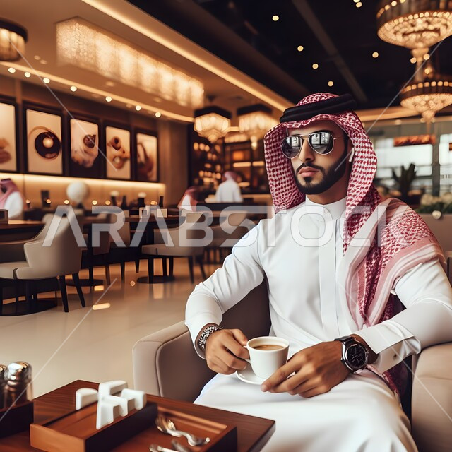 الاستمتاع بشرب المشروبات الساخنة في احدى الكافيهات، رجل عربي خليجي سعودي يرتدي الشماغ والثوب التقليدي يضع النظارات الشمسية يجمل بيده كوب من القهوة، الاهتمام بالمظهر الخارجي، مفهوم الاناقة والوسامة، قضاء وقت ممتع في الخارج