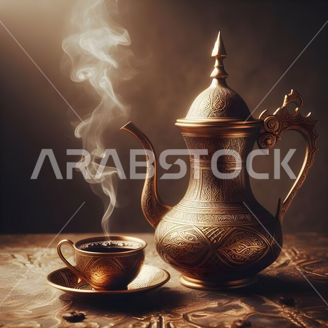 حسن الضيافه وكرم الإستقبال في المملكة العربية السعودية، دلة نحاسية مزخرفة بجانب فنجان القهوة، جودة المنتجات المحلية الوطنية، الاستمتاع بالمشروبات الساخنة، العادات العربية القديمة في تقديم القهوة