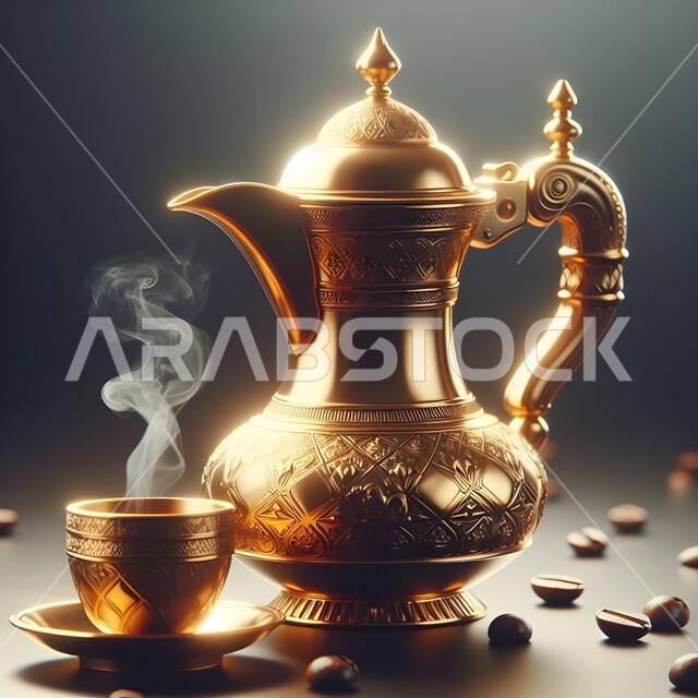 الاستمتاع بالمشروبات الساخنة، العادات العربية القديمة في تقديم القهوة, حسن الضيافه وكرم الإستقبال في المملكة العربية السعودية، دلة نحاسية مزخرفة بجانب فنجان القهوة، جودة المنتجات المحلية الوطنية
