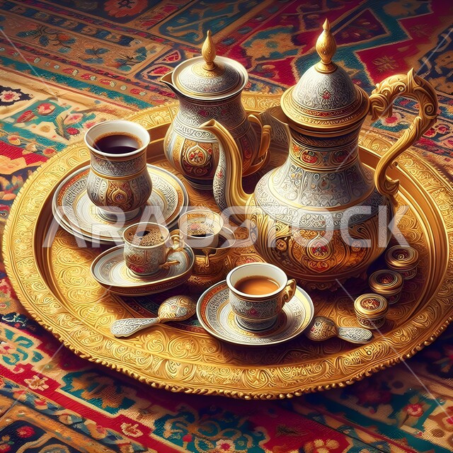 دلة نحاسية مزخرفة بجانب فناجين القهوة، جودة المنتجات المحلية الوطنية، الاستمتاع بالمشروبات الساخنة، العادات العربية القديمة في تقديم القهوة، حسن الضيافه وكرم الإستقبال في المملكة العربية السعودية