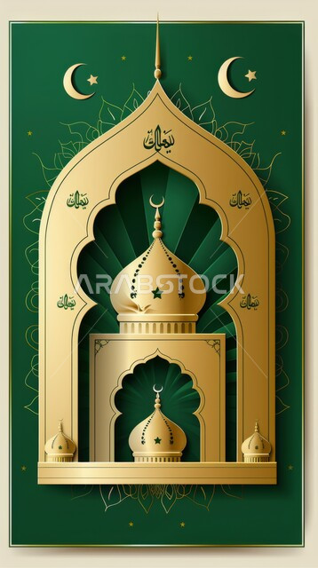 بطاقة معايدة وتهنئة للإحتفال بقدوم الشهر الفضيل، رسوم توضيحية لمسجد عربي اسلامي، خلفيات دينية اسلامية، قوالب وتصاميم رمضانية، خلفية خضراء