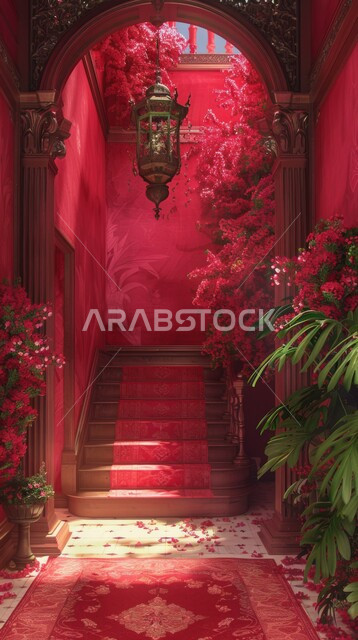 ديكورات رمضانية باللون الاحمر، صورة مقربة لمدخل مع درج مزين بالزهور و فانوس رمضان المعلق على السقف، اضاءة حمراء على سلم وزينة وردية فاخرة