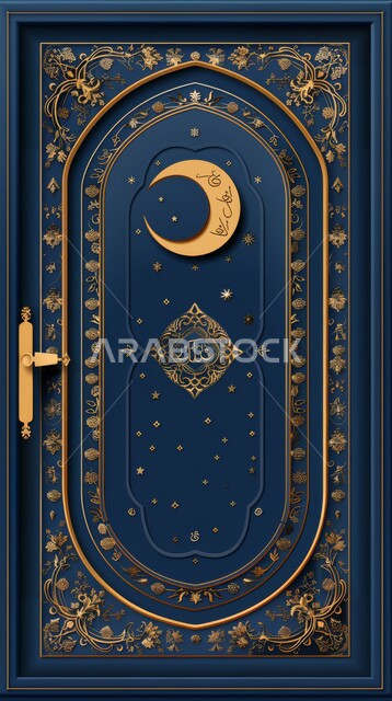 قوالب وتصاميم رمضانية، رسوم توضيحية لهلال على باب مسجد عربي مزخرف بزخارف إسلامية، بطاقات تهنئة ومعايدة بقدوم الشهر الفضيل، خلفيات دينية إسلامية