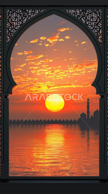 نافذة بإطار اسود،  صورة ظلية لقبب ومآذن لمسجد عربي اسلامي، منظر غروب الشمس فوق البحر، خلفيات دينية اسلامية، قوالب وتصاميم رمضانية