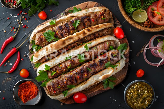 مأكولات شعبية مشهورة, أكلات عربية سريعة تقليدية, فن تقديم الطعام المشوي في مطاعم المملكة العربية السعودية, طبق من أسياخ لحم الكباب مع التوابل والخضار على الخبز الشهي, خلفية سوداء