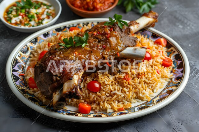 طبق من أرز البرياني مع الخضار والتوابل وقطع اللحم الضآن المطهية, وصفات تقليدية شعبية مشهورة في مطاعم المملكة العربية السعودية, فن الطهي للمأكولات العربية الشرقية