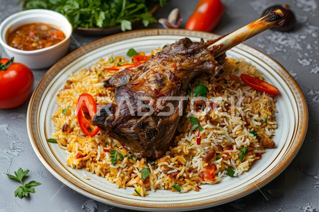 طبق من أرز البرياني مع الخضار والتوابل وقطع اللحم الضآن المطهية, وصفات تقليدية شعبية مشهورة في مطاعم المملكة العربية السعودية, فن الطهي للمأكولات العربية الشرقية