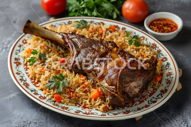 جودة الوصفات العربية التقليدية, طبق من قطع اللحم مع التوابل والنكهات الخليجية الشهية والرز مع الخضار، وصفات طعام المطبخ السعودي، مطاعم للمأكولات العربية الشرقية في المملكة العربية السعودية, وجبات وأطباق شعبية