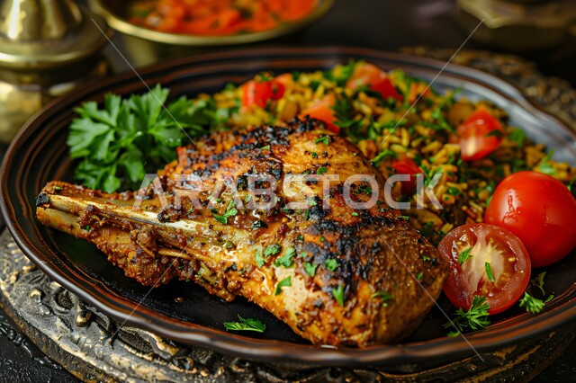 جودة الوصفات العربية التقليدية, طبق من قطع اللحم مع التوابل والنكهات الخليجية الشهية والرز مع الخضار، وصفات طعام المطبخ السعودي، مطاعم للمأكولات العربية الشرقية في المملكة العربية السعودية, وجبات وأطباق شعبية