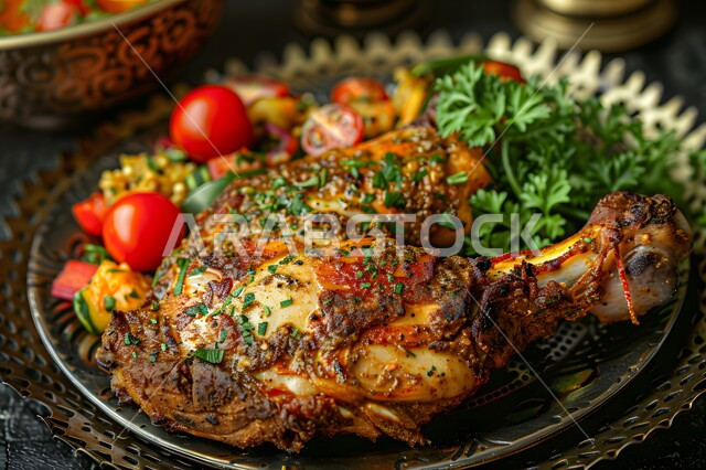 مطاعم للمأكولات العربية الشرقية في المملكة العربية السعودية, وجبات وأطباق شعبية, جودة الوصفات العربية التقليدية, طبق من قطع اللحم مع التوابل والنكهات الخليجية الشهية والرز مع الخضار, وصفات طعام المطبخ السعودي