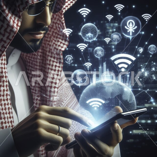 Stock market developments, statistical charts for the global stock market, a close-up photo of a Saudi Gulf Arab man wearing traditional clothing holding a technical device in his hand, monitoring the economy and financial investment information, doing business using modern technology, electronic digital transformation.
