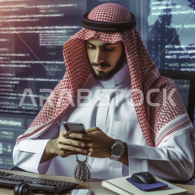 التحول الرقمي الالكتروني, تطورات سوق الاوراق المالية، رسوم بيانية احصائية للبورصة العالمية، صورة مقربة  لرجل عربي خليجي سعودي يرتدي الزي التقليدي يحمل بيده جهاز تقني, مراقبة الاقتصاد ومعلومات الاستثمار المالي، انجاز الاعمال باستخدام الكنولوجيا الحديثة