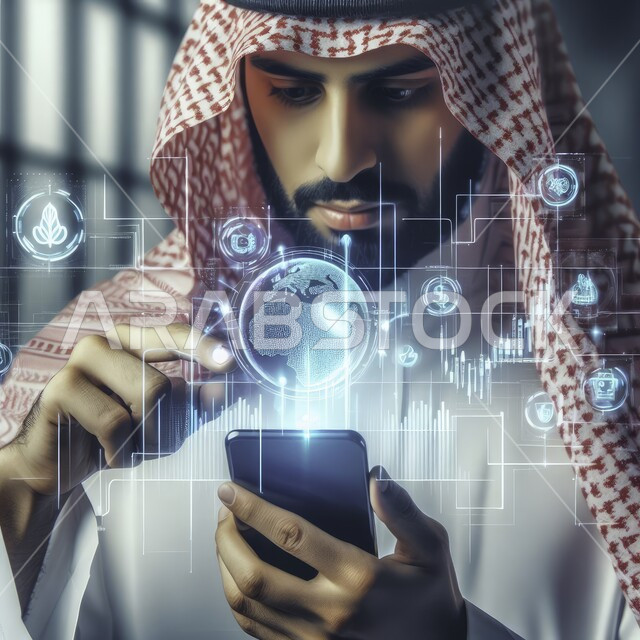 رسوم بيانية احصائية للبورصة العالمية، صورة مقربة  لرجل عربي خليجي سعودي يرتدي الزي التقليدي يحمل بيده جهاز تقني, مراقبة الاقتصاد ومعلومات الاستثمار المالي، انجاز الاعمال باستخدام الكنولوجيا الحديثة، التحول الرقمي الالكتروني, تطورات سوق الاوراق المالية
