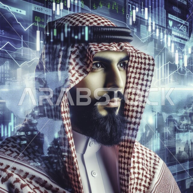 Digital currency trading, a close-up image of a Saudi Arabian Gulf businessman in front of the screen to follow the economic growth chart, accomplishing and achieving the company’s goals, integrating advanced technology into the work, monitoring the rise and fall of stocks in the stock market