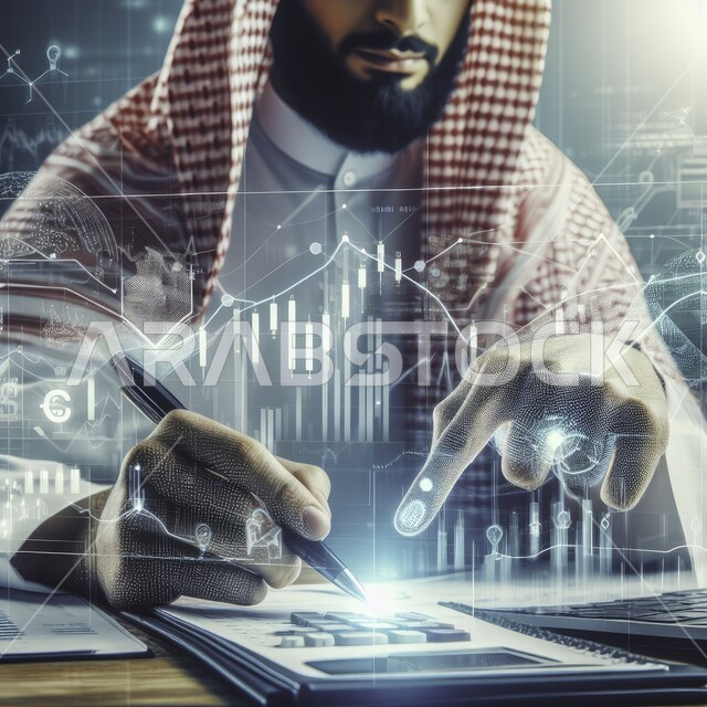 Technological growth and electronic development, holographic digital symbols for computer icons, a close-up image of a Saudi Gulf Arab young man wearing a traditional thobe and shemagh completing tasks using a laptop at the company’s headquarters, modern digital technology in the field of financial investment