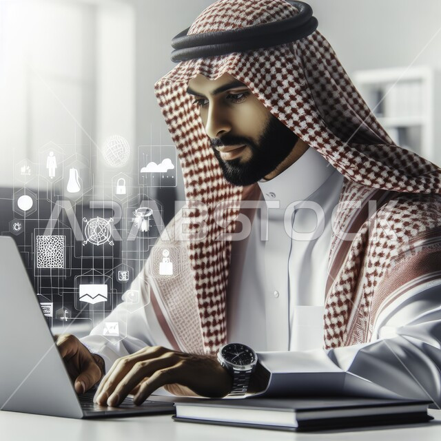 النمو التكنولوجي والتطور الالكتروني، رموز رقمية هولوجرامية لأيقونات الحواسيب، صورة مقربة لشاب عربي خليجي سعودي يرتدي الثوب التقليدي والشماغ يقوم بإنجاز المهام باستخدام الحاسب المحمول في مقر الشركة، التكنولوجيا الرقمية الحديثة في مجال الاستثمار المالي