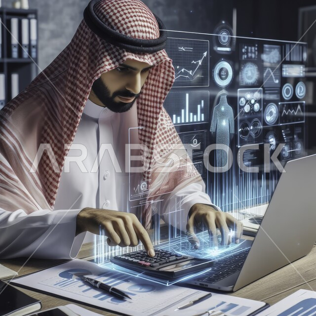 رموز رقمية هولوجرامية لأيقونات الحواسيب، صورة مقربة لشاب عربي خليجي سعودي يرتدي الثوب التقليدي والشماغ يقوم بإنجاز المهام باستخدام الحاسب المحمول في مقر الشركة، التكنولوجيا الرقمية الحديثة في مجال الاستثمار المالي, النمو التكنولوجي والتطور الالكتروني