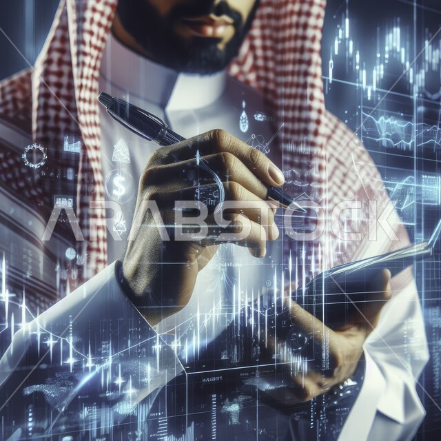 Stock market developments, statistical charts for the global stock market, a close-up photo of a Saudi Gulf Arab man wearing traditional clothing holding a technical device in his hand, monitoring the economy and financial investment information, doing business using modern technology, electronic digital transformation.