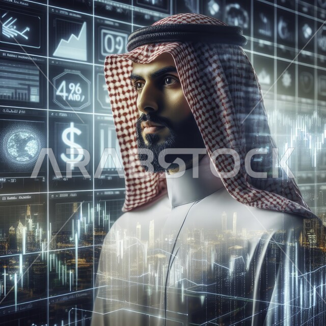 تداول العملة الرقمية، صورة مقربة لرجل أعمال عربي خليجي سعودي أمام الشاشة لمتابعة مخطط الرسم البياني للنمو الاقتصادي، إنجاز وتحقيق أهداف الشركة، دمج التكنولوجيا المتطورة في العمل، مراقبة ارتفاع وانخفاض الأسهم في سوق البورصه