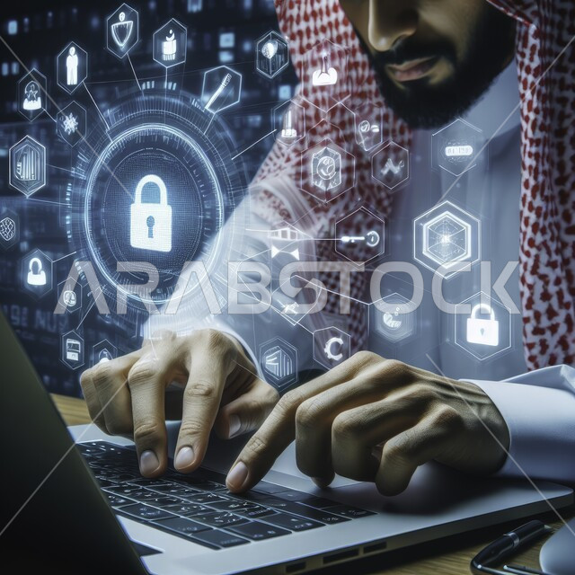 الحفاظ على البيانات الشخصية للمستخدمين، مفهوم أمن تكنولوجيا المعلومات, صورة مقربة لرجل عربي خليجي سعودي يرتدي الثوب التقليدي والشماغ يقوم بإنجاز المهام على الحاسب المحمول, رموز رقمية هولوجرامية لأيقونات الحواسيب وشبكات الانترنت, تطوير برامج قفل الشاشة