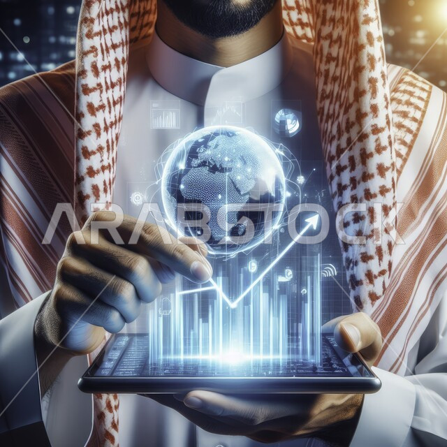 إنجاز وتحقيق أهداف الشركة، دمج التكنولوجيا المتطورة في العمل، مراقبة ارتفاع وانخفاض الأسهم في سوق البورصه, تداول العملة الرقمية، صورة مقربة لرجل أعمال عربي خليجي سعودي أمام الشاشة لمتابعة مخطط الرسم البياني للنمو الاقتصادي