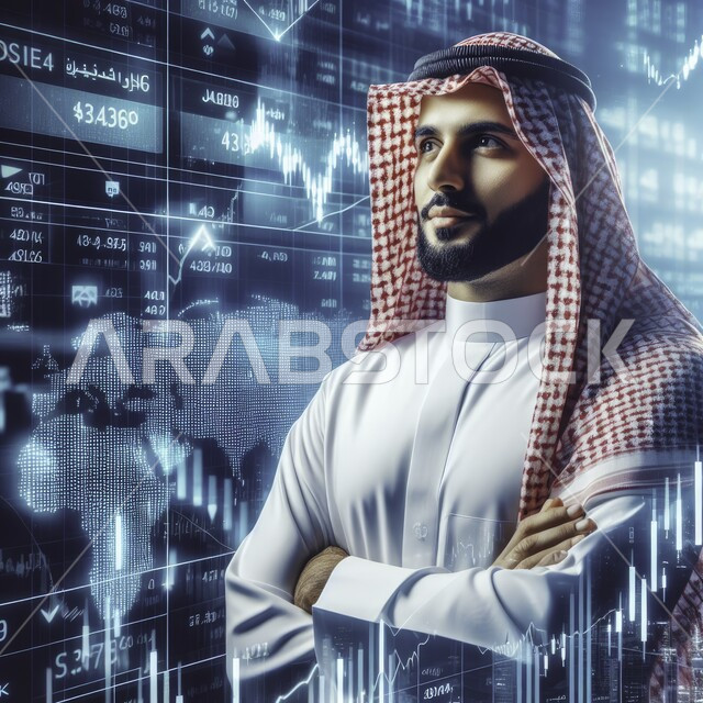 إنجاز وتحقيق أهداف الشركة، دمج التكنولوجيا المتطورة في العمل، مراقبة ارتفاع وانخفاض الأسهم في سوق البورصه, تداول العملة الرقمية، صورة مقربة لرجل أعمال عربي خليجي سعودي أمام الشاشة لمتابعة مخطط الرسم البياني للنمو الاقتصادي