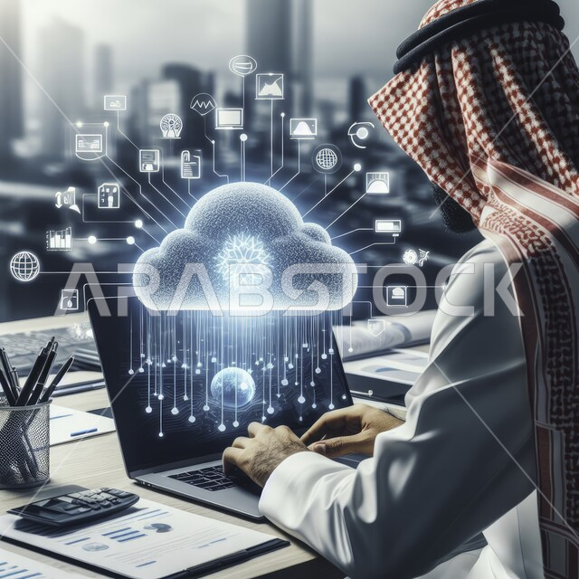 الاستثمار المالي السعودي, رموز رقمية بتقنية الهولوجرام, صورة مقربة ليد شاب عربي خليجي سعودي يرتدي الثوب التقليدي والشماغ يقوم بإنجاز المهام عبر الحاسب المحمول, النمو الالكتروني والتطور التكنولوجي