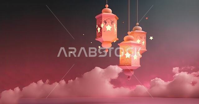 الفوانيس المعدنية التقليدية المضاءة المعلقة في سماء المملكة العربية السعودية, منظر النجوم بين الغيوم باللون الوردي، ديكورات وزينة رمضان المبارك, أجواء الاحتفال بالمناسبات والأعياد الدينية الاسلامية، البهجة بقدوم شهر الخير