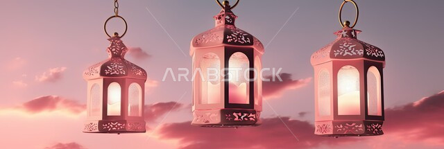 الفوانيس المعدنية التقليدية المضاءة المعلقة في سماء المملكة العربية السعودية, منظر النجوم بين الغيوم باللون الوردي، ديكورات وزينة رمضان المبارك, أجواء الاحتفال بالمناسبات والأعياد الدينية الاسلامية، البهجة بقدوم شهر الخير