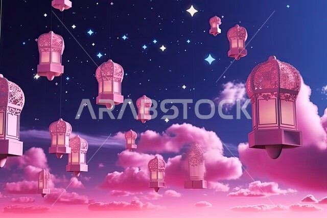 الفوانيس المعدنية التقليدية المضاءة المعلقة في سماء المملكة العربية السعودية, منظر النجوم بين الغيوم باللون الوردي، ديكورات وزينة رمضان المبارك, أجواء الاحتفال بالمناسبات والأعياد الدينية الاسلامية، البهجة بقدوم شهر الخير