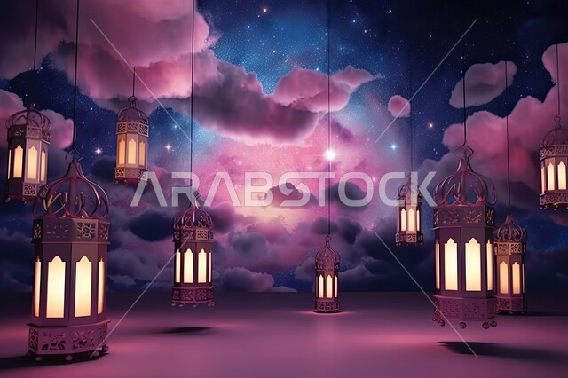 الفوانيس المعدنية التقليدية المضاءة المعلقة في سماء المملكة العربية السعودية, منظر النجوم بين الغيوم باللون الوردي، ديكورات وزينة رمضان المبارك, أجواء الاحتفال بالمناسبات والأعياد الدينية الاسلامية، البهجة بقدوم شهر الخير