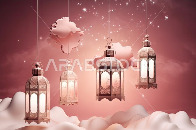 ديكورات وزينة رمضان المبارك, الفوانيس المعدنية التقليدية المضاءة المعلقة في سماء المملكة العربية السعودية, منظر النجوم بين الغيوم باللون الوردي، أجواء الاحتفال بالمناسبات والأعياد الدينية الاسلامية، البهجة بقدوم شهر الخير