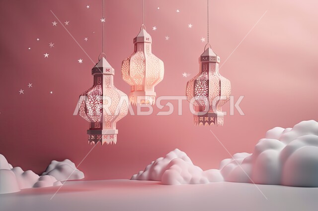ديكورات وزينة رمضان المبارك, الفوانيس المعدنية التقليدية المضاءة المعلقة في سماء المملكة العربية السعودية, منظر النجوم بين الغيوم باللون الوردي، أجواء الاحتفال بالمناسبات والأعياد الدينية الاسلامية، البهجة بقدوم شهر الخير