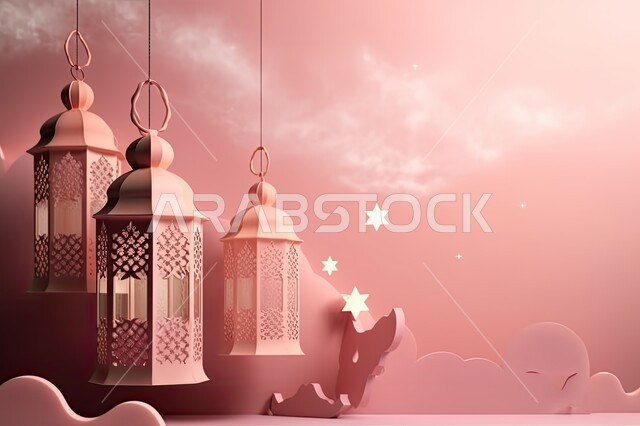 ديكورات وزينة رمضان المبارك, الفوانيس المعدنية التقليدية المضاءة المعلقة في سماء المملكة العربية السعودية, منظر النجوم بين الغيوم باللون الوردي، أجواء الاحتفال بالمناسبات والأعياد الدينية الاسلامية، البهجة بقدوم شهر الخير