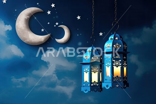 أجواء الاحتفال بالمناسبات والأعياد الدينية الاسلامية، ديكورات وزينة رمضان المبارك, الفوانيس المعدنية التقليدية المضاءة المعلقة في سماء المملكة العربية السعودية, منظر النجوم والهلال والغيوم، البهجة بقدوم شهر الخير، خلفية باللون الأزرق