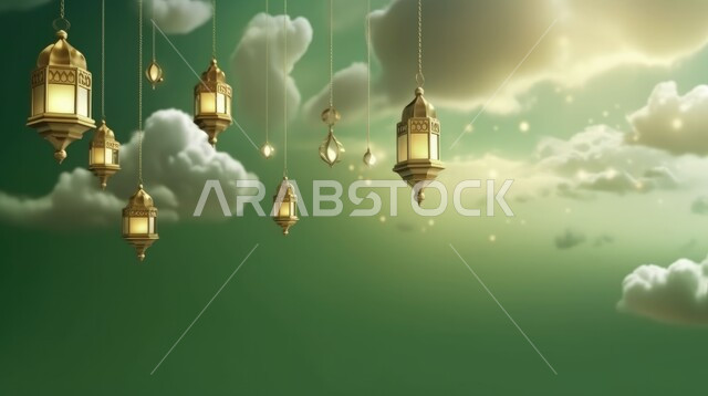 الاحتفال بالمناسبات والأعياد الدينية الاسلامية، ديكورات وزينة رمضان المبارك, الفوانيس المعدنية التقليدية المضاءة المعلقة في سماء المملكة العربية السعودية, منظر الغيوم في السماء، البهجة بقدوم شهر الخير، خلفية خضراء