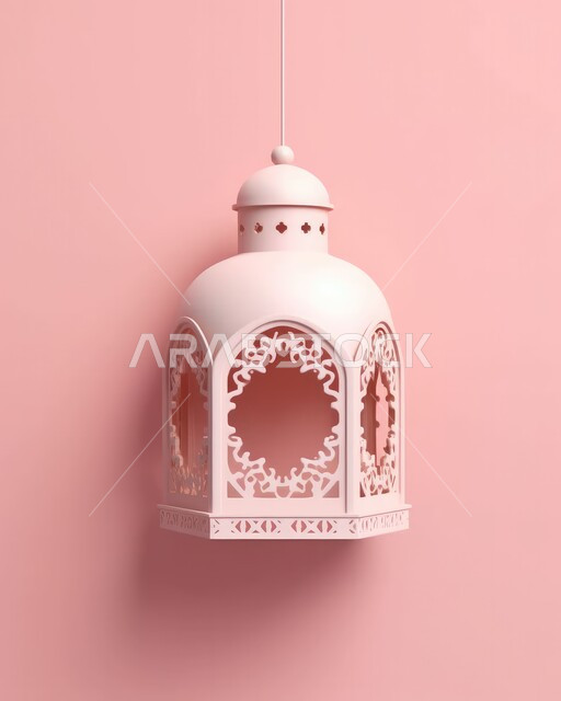 الاحتفال بالمناسبات والأعياد الدينية الاسلامية، ديكورات وزينة رمضان المبارك, صورة مقربة لفانوس معدني تقليدي مضيء  معلق في سماء المملكة العربية السعودية, البهجة بقدوم شهر الخير، خلفية وردية