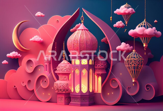الاحتفال بالمناسبات والأعياد الدينية الاسلامية، ديكورات وزينة رمضان المبارك, صورة مقربة لفوانيس معدنية تقليدية مضيئة، البهجة بقدوم شهر الخير، خلفية وردية