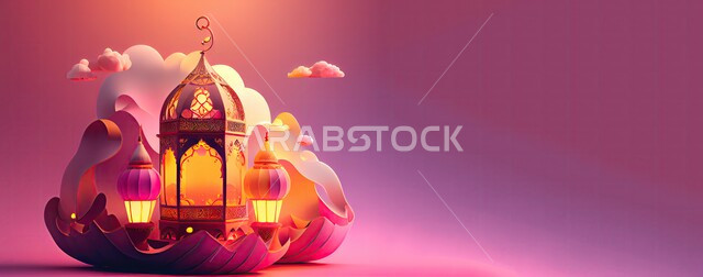 Celebrating Islamic religious occasions and holidays, decorations and adornments for the blessed Ramadan, a close-up of illuminated traditional metal lanterns, the joy of the coming of the month of goodness, a pink background