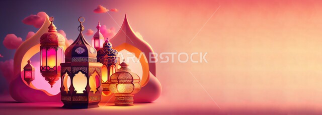 الاحتفال بالمناسبات والأعياد الدينية الاسلامية، ديكورات وزينة رمضان المبارك, صورة مقربة لفوانيس معدنية تقليدية مضيئة، البهجة بقدوم شهر الخير، خلفية وردية