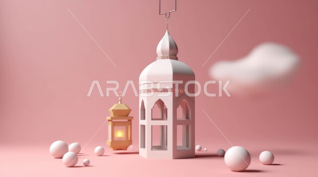 زينة وديكورات رمضان المبارك, الاحتفال بالمناسبات والأعياد الدينية الاسلامية، صورة مقربة لفانوس معدني تقليدي مضيء مع كرات، البهجة بقدوم شهر الخير، خلفية وردية