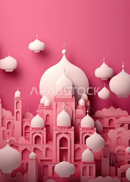 زينة وديكورات رمضان المبارك, الاحتفال بالمناسبات والأعياد الدينية، تصاميم ثلاثية الأبعاد لمسجد إسلامي مع قبب ومآذن، الاجتهاد في العبادة والتقرب الى الله، خلفية وردية