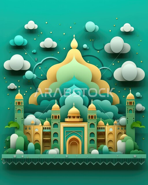 زينة وديكورات رمضان المبارك, الاحتفال بالمناسبات والأعياد الدينية، تصاميم ثلاثية الأبعاد لمسجد إسلامي مع قبب ومآذن باللون الذهبي، الاجتهاد في العبادة والتقرب الى الله، خلفية خضراء